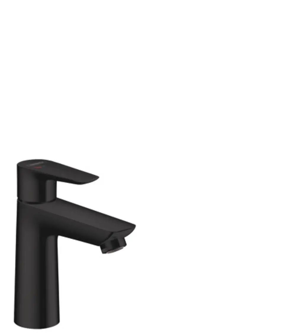Einhebel-Waschtischmischer in mattschwarz mit Hebelsteuerung und integrierter Ablauffunktion von Hansgrohe. Minimalistisches Design für Badezimmeranwendungen.
